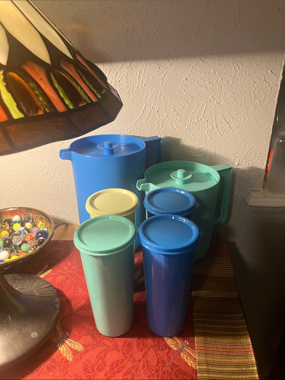 Blue & Teal Plastic Pitchers and Tumblers-gorgeous colors- I opened to display